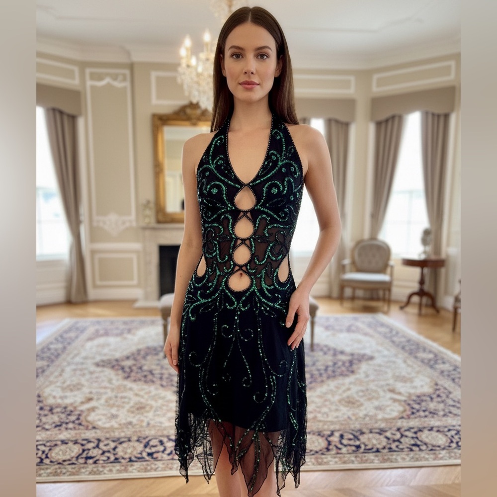 Attitudes by Debra Elegant Black and Turquoise hand beaded Halter‎ Dress